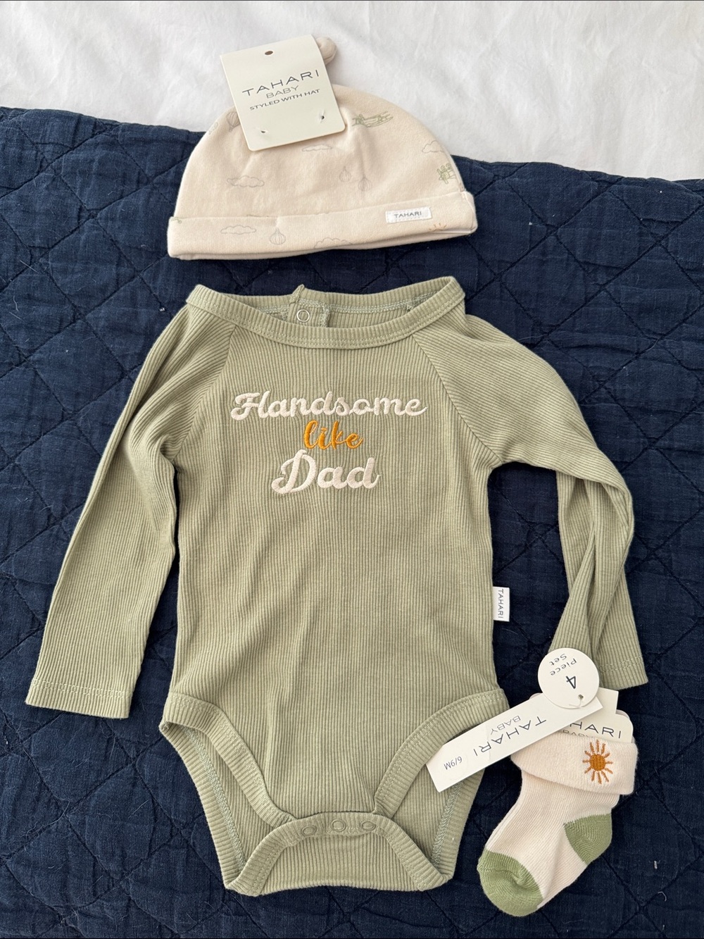 Handsome Like Dad Long Sleeve Onesie, Socks and Hat Set
